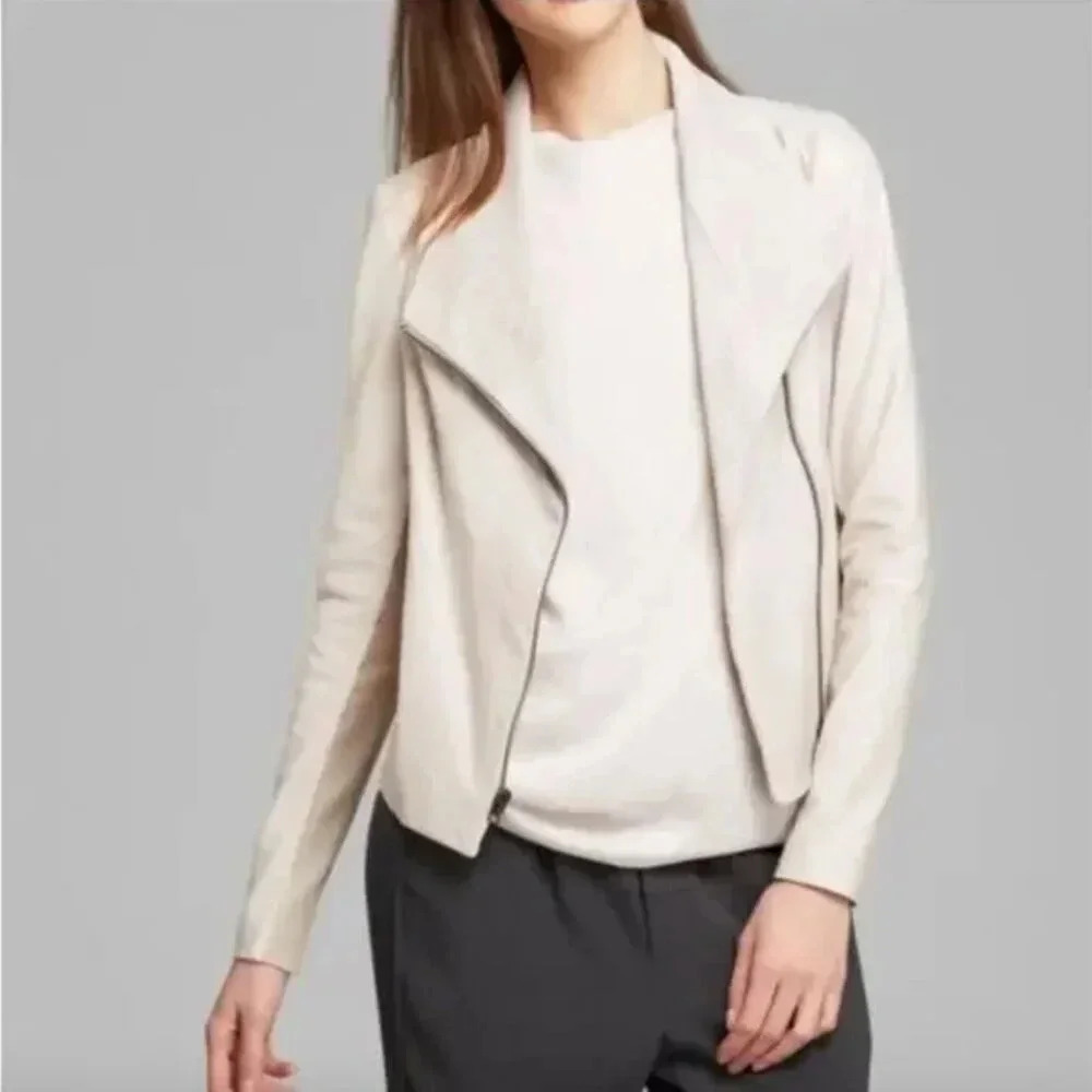 Vince Jacket Genuine Goat Leather Biker Moto Coat Full Zip Cream Size Small